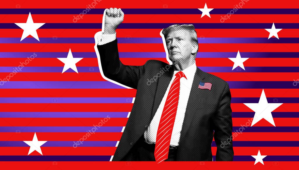Illustrative photo collage with halftone effect. Portrait of Donald Trump . Illustrative photo collage with halftone effect
