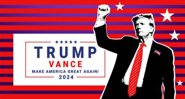 Donald Trump 2024 kampanya logosu ve Donald Trump 'ın portresi.