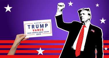 Donald Trump 2024 kampanya logosu ve Donald Trump 'ın portresi.