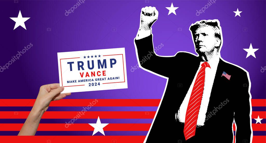 Donald Trump 2024 campaign logo and portrait of Donald Trump.