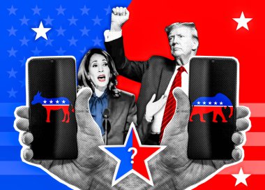 Donald Trump ve Kamala Harris 'in portresi. Yarım tonlu fotoğraf kolajı. Demokrat ve Cumhuriyetçi parti sembollü akıllı telefonları tutan eller.