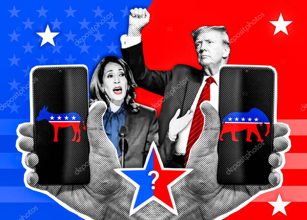 Portrait of Donald Trump and Kamala Harris. Photo collage with halftone effect. Hands holding smartphones with Democratic and Republican party symbols.
