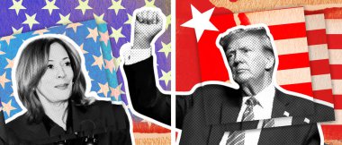 Yarım tonlu fotoğraf kolajı. Fotoğraf: Donald Trump ve Kamala Harris 'in Amerikan bayrağının arka planındaki portresi.