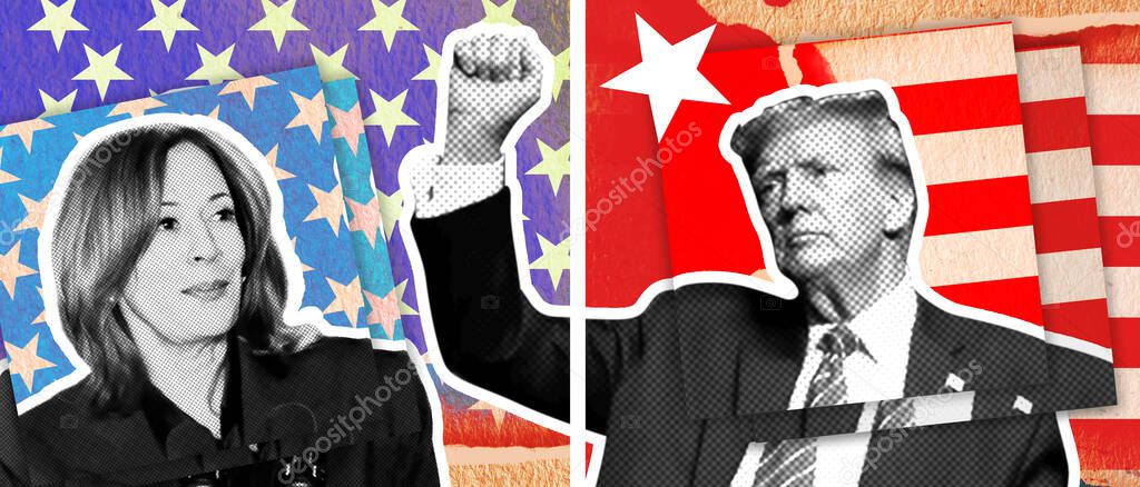 Photo collage with halftone effect. Photo illustration Portrait of Donald Trump and Kamala Harris against the background of the American flag.