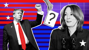 Donald Trump ve Kamala Harris 'in portresi. Yarım tonlu resimli fotoğraf kolajı. 2024 ABD başkanlık seçimleri için kolaj illüstrasyon fotoğrafçılığı