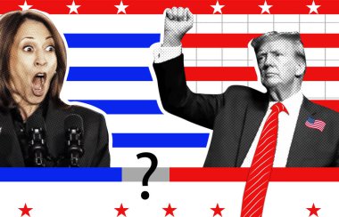 Donald Trump ve Kamala Harris 'in portresi. Yarım tonlu resimli fotoğraf kolajı. 2024 ABD başkanlık seçimleri için kolaj illüstrasyon fotoğrafçılığı