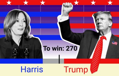 Donald Trump ve Kamala Harris 'in portresi. Yarım tonlu resimli fotoğraf kolajı. 2024 ABD başkanlık seçimleri için kolaj illüstrasyon fotoğrafçılığı