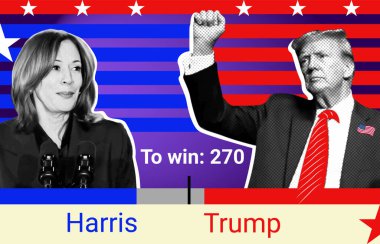 Donald Trump ve Kamala Harris 'in portresi. Yarım tonlu resimli fotoğraf kolajı. 2024 ABD başkanlık seçimleri için kolaj illüstrasyon fotoğrafçılığı