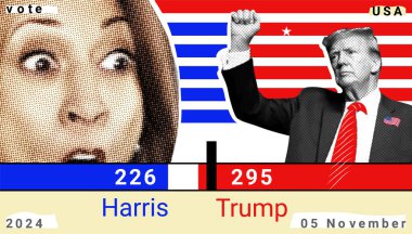 Donald Trump ve Kamala Harris. 2024 ABD başkanlık seçimleri için kolaj illüstrasyon fotoğrafçılığı. Kasım 2024 Cumhurbaşkanlığı Seçimleri Sonuçları