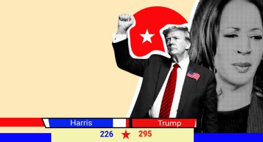 Donald Trump ve Kamala Harris 'in portresi. Yarım tonlu resimli fotoğraf kolajı. 2024 ABD başkanlık seçimleri için kolaj illüstrasyon fotoğrafçılığı