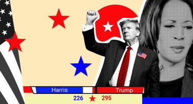 Donald Trump ve Kamala Harris 'in portresi. Yarım tonlu resimli fotoğraf kolajı. 2024 ABD başkanlık seçimleri için kolaj illüstrasyon fotoğrafçılığı