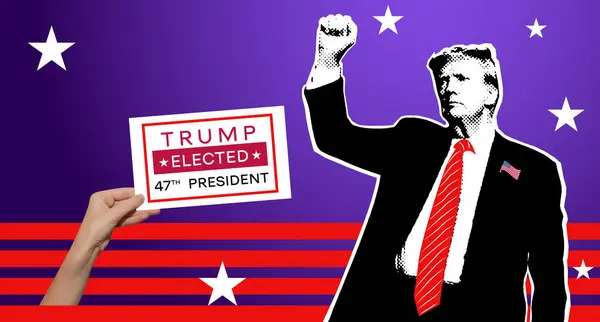 Donald Trump, Birleşik Devletler 'in 47. Başkanı. Yarım ton efektli kolaj