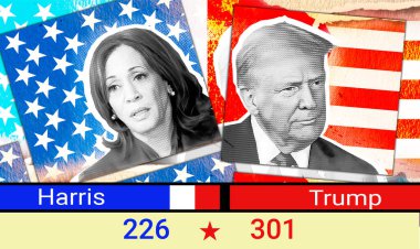 Amerikan bayrağının arka planına karşı Donald Trump ve Kamala Harris 'in portresi. 2024 ABD başkanlık seçim sonuçları.