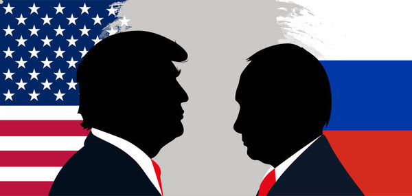 Дональд Трамп и Владимир Путин на фоне российских и американских флагов.