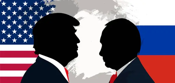 Donald Trump ve Vladimir Putin Rus ve Amerikan bayraklarının arka planına karşı.