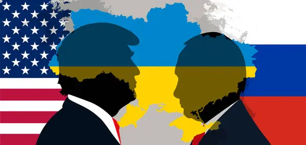 Donald Trump ve Vladimir Putin Rusya, Amerika ve Ukrayna 'nın bayraklarına karşı.