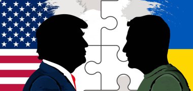 Ukrayna Cumhurbaşkanı Vladimir Zelenskyy ve Donald Trump 'ın silueti Ukrayna ve ABD bayraklarının arka planında