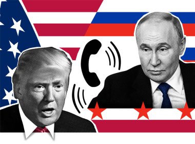 Portrait of Donald Trump , Vladimir Putin and telephone receiver. Halftone collage effect. clipart