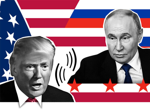 Portrait of Donald Trump , Vladimir Putin . Halftone collage effect.