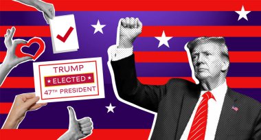 Donald Trump, Birleşik Devletler 'in 47. Başkanı. Yarım ton efektli kolaj