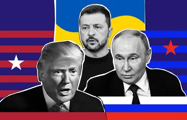 Donald Trump 'ın portresi, Vladimir Putin. Yarı ton kolaj etkisi.