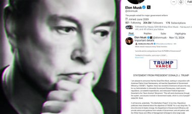 Ukrayna. Poltava. 13 Kasım 2024. Elon Musk profili akıllı telefon ekranında. Mesajlı yeni tweet. Arka planda Elon Musk 'un Portresi.