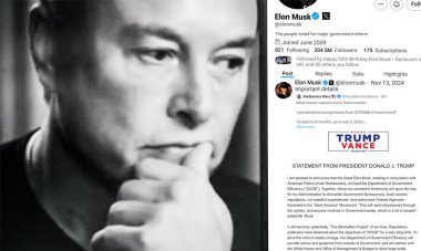 Ukrayna. Poltava. 13 Kasım 2024. Elon Musk profili akıllı telefon ekranında. Mesajlı yeni tweet. Arka planda Elon Musk 'un Portresi.