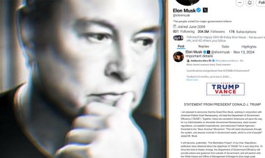 Ukrayna. Poltava. 13 Kasım 2024. Elon Musk profili akıllı telefon ekranında. Mesajlı yeni tweet. Arka planda Elon Musk 'un Portresi.