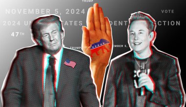 14 Kasım 2024 Elon Musk ve Donald Trump 'ın resimli kolaj portresi Cumhuriyetçi Parti sembollü bir elin arka planına karşı.