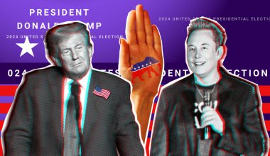 14 Kasım 2024 Elon Musk ve Donald Trump 'ın resimli kolaj portresi Cumhuriyetçi Parti sembollü bir elin arka planına karşı.