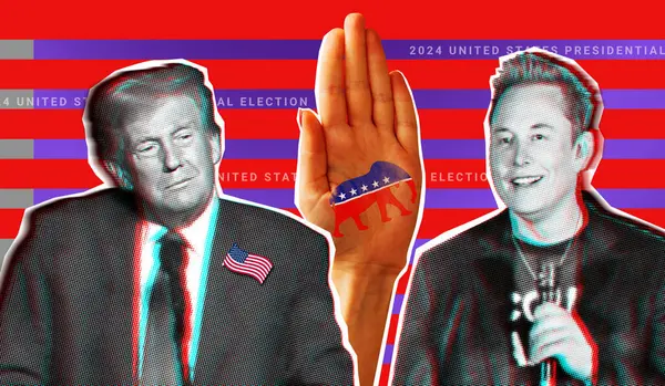 14 Kasım 2024 Elon Musk ve Donald Trump 'ın resimli kolaj portresi Cumhuriyetçi Parti sembollü bir elin arka planına karşı.