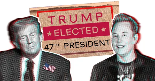 14 Kasım 2024. 2024 ABD başkanlık seçiminin konsept sonuçları. Elon Musk ve Donald Trump 'ın resimli kolajı.