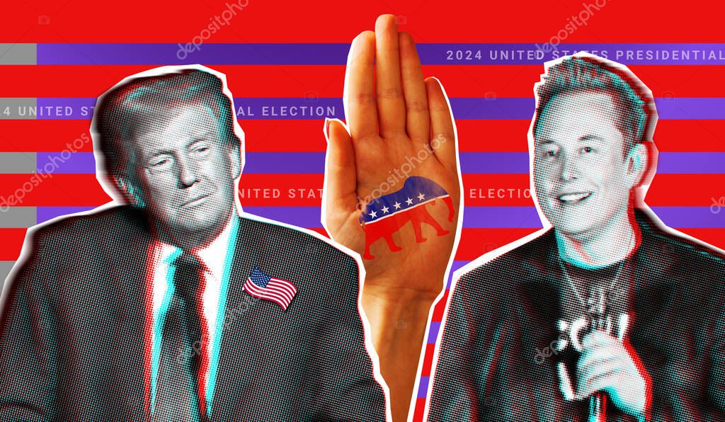 November 14, 2024 illustrative collage portrait of Elon Musk and Donald Trump against the background of a hand with the symbol of the Republican Party.