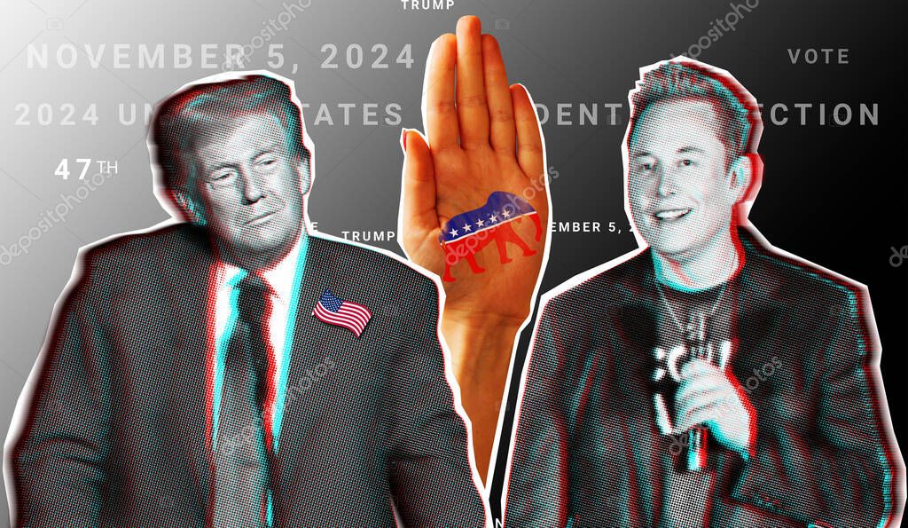 November 14, 2024 illustrative collage portrait of Elon Musk and Donald Trump against the background of a hand with the symbol of the Republican Party.