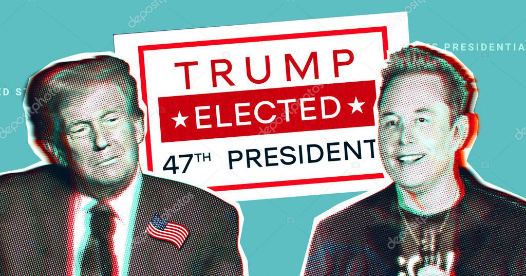 November 14, 2024. Concept Results of the 2024 US presidential election. Illustrative collage portrait of Elon Musk and Donald Trump.