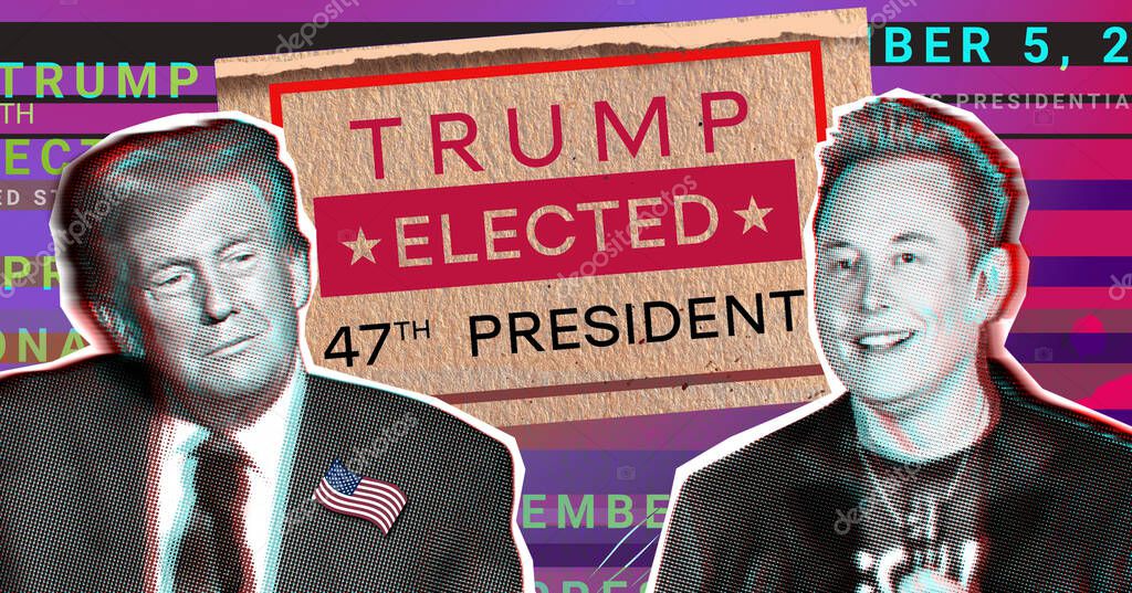 November 14, 2024. Concept Results of the 2024 US presidential election. Illustrative collage portrait of Elon Musk and Donald Trump.