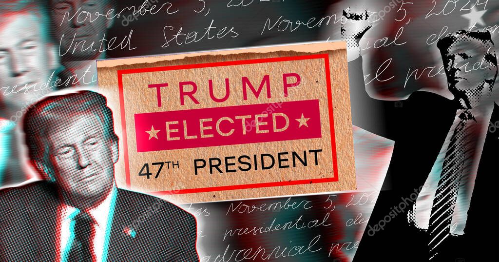 Donald Trump .Illustrative collage concept of American presidential election 2024. Halftone effect