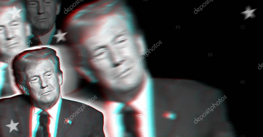 Donald Trump Portrait on a black background with a meme for text. Illustrative collage with halftone and glitch effect.