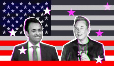 Yarım tonlu kolaj ve arıza efekti. Vivek Ganapathy Ramaswamy ve Elon Musk Amerikan bayrağının arka planına karşı. Yarım tonlu ve arıza efektli kolaj.