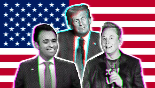 Yarım tonlu kolaj ve arıza efekti. Vivek Ganapathy Ramaswamy, Elon Musk ve Donald Trump, ABD bayrağının arka planına karşı. Yarım tonlu ve arıza efektli kolaj.