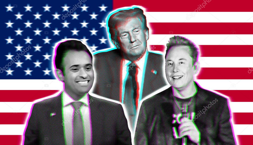 Collage with halftone and glitch effect. Vivek Ganapathy Ramaswamy , Elon Musk and Donald Trump, against the background of the USA flag. Collage with halftone and glitch effect.