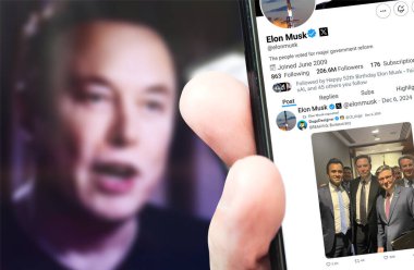 Poltava, Ukraine - November 6, 2024 Elon Musk Twitter profile page on a smartphone screen with a new tweet repost. In the background is a blurry portrait of Elon Musk. clipart