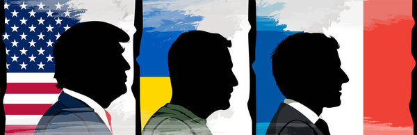 Silhouette Ukrainian President Vladimir Zelenskyy , President of France Emmanuel Macron and American President Donald Trump