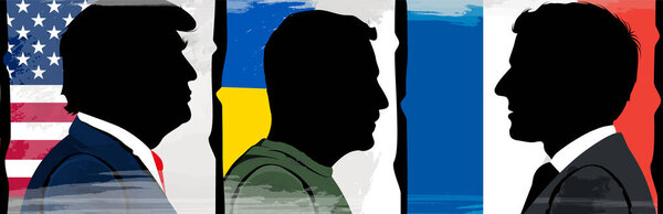 Silhouette Ukrainian President Vladimir Zelenskyy , President of France Emmanuel Macron and American President Donald Trump
