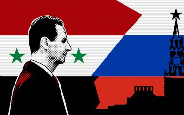 Bashar al-Assad against the backdrop of the Syrian flag, the Russian flag and the Kremlin. Halftone effect clipart