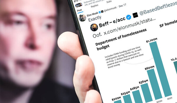 Poltava, Ukraine - 17, December 2024. Elon Musk Twitter profile page with a new tweet on a smartphone in his hand. In the background is a defocused portrait of Elon Musk.