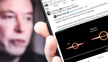 Poltava, Ukrayna - 17 Aralık 2024. Elon Musk Twitter profili sayfasında elinde akıllı telefonuyla yeni bir tweet var. Arka planda Elon Musk 'un odaksız bir portresi var..
