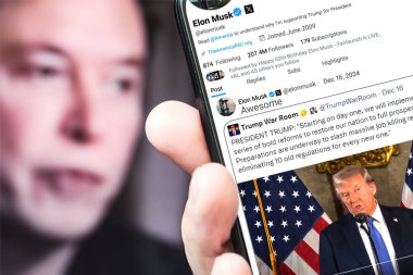 Poltava, Ukrayna - 16 Aralık 2024. Elon Musk Twitter profili sayfasında elinde akıllı telefonuyla yeni bir tweet var. Arka planda Elon Musk 'un odaksız bir portresi var..