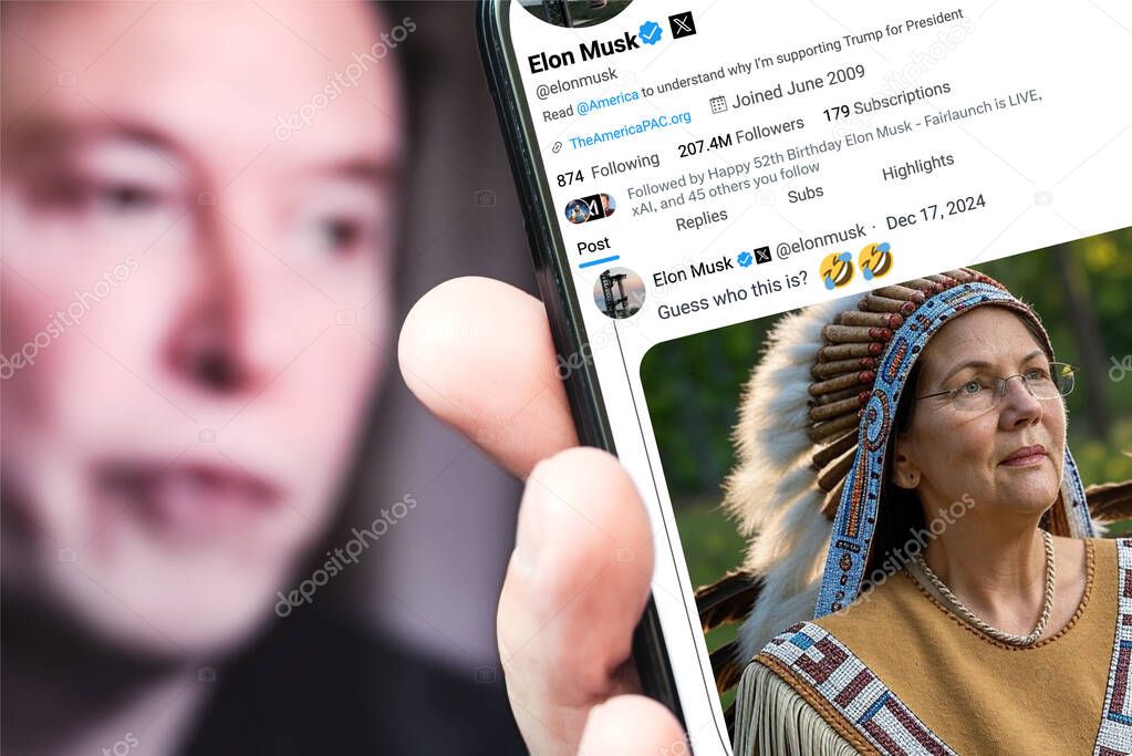 Poltava, Ukraine - 17, December 2024. Elon Musk Twitter profile page with a new tweet on a smartphone in his hand. In the background is a defocused portrait of Elon Musk.