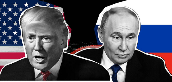 Portrait of Donald Trump , Vladimir Putin . Halftone collage effect.